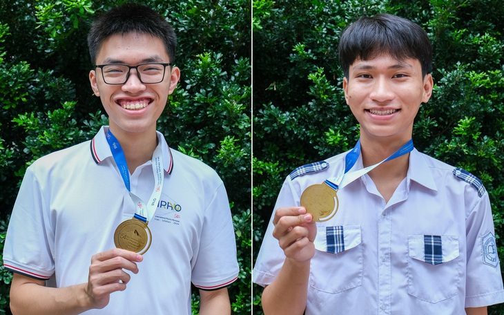 Thân Thế Công, Trương Phi Hùng và tấm huy chương vàng Olympic vật lý quốc tế - Ảnh: HÀ QUÂN Ba nam sinh cùng trường 'gặt' huy chương vàng Olympic quốc tế- Ảnh 1.